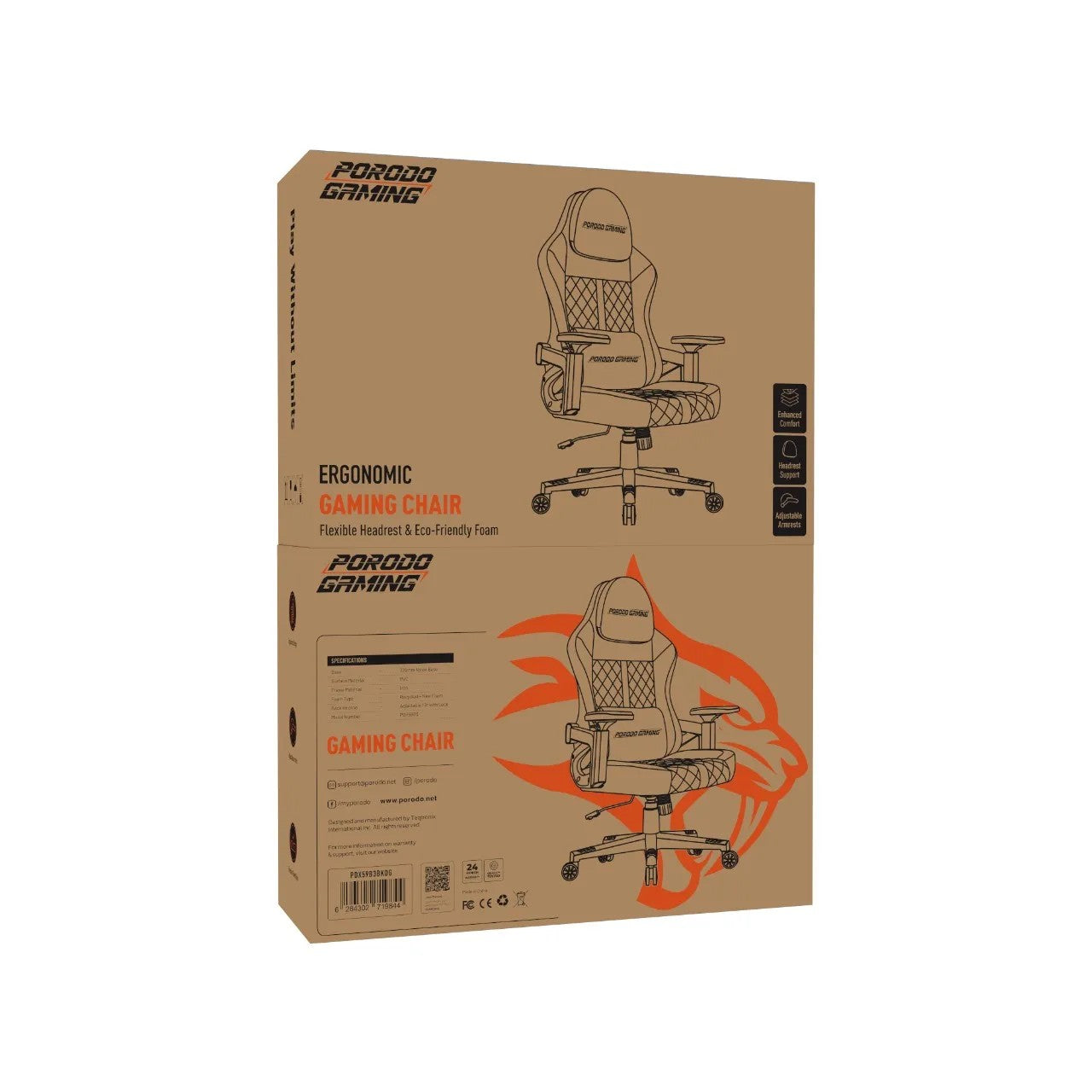 {PDX59B3BKOG}Porodo Gaming Chair recycle foam+ new foam - Black/Orange