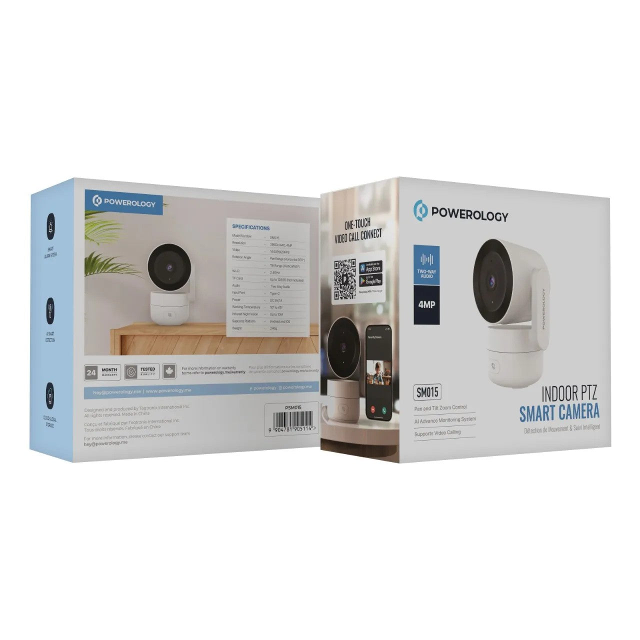 {PSM015} Powerology 4MP Indoor Camera BT 2.4Ghz/5Ghz Dual-Band WiFi 256GB - White