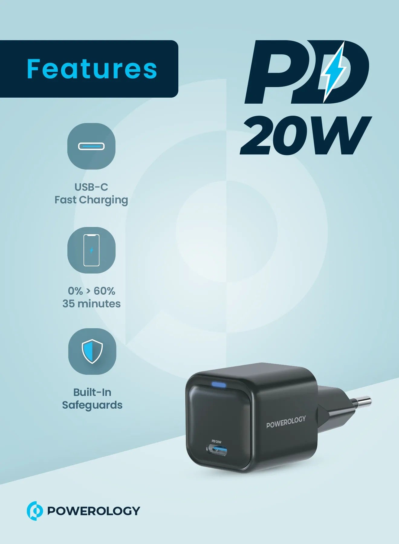 {PWCUQC015} Powerology UltraCompact GaN Charger PD 20W EU - Black