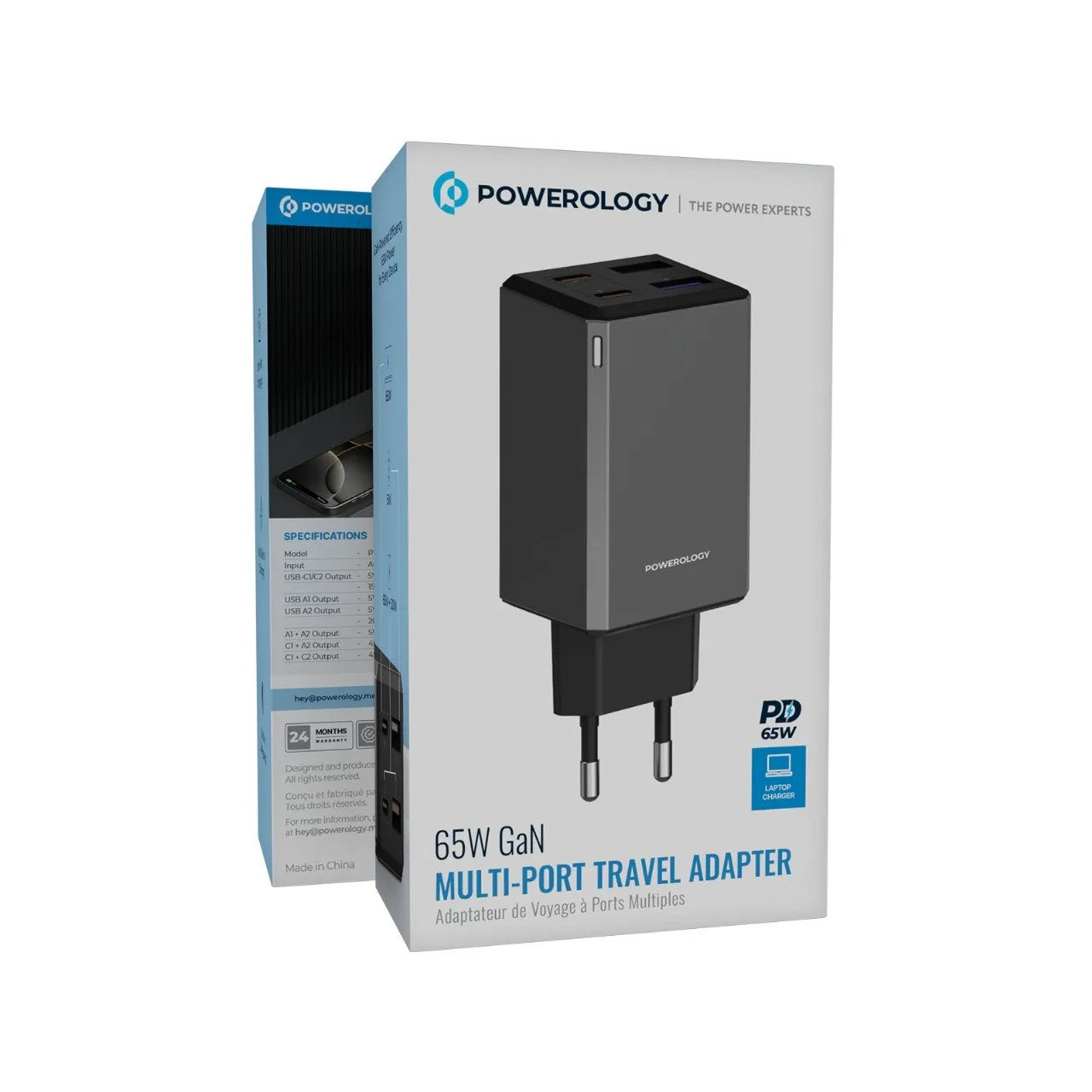 {PWCUQC064GR} Powerology 65W Multiple Port EU GaN Adapter - Grey