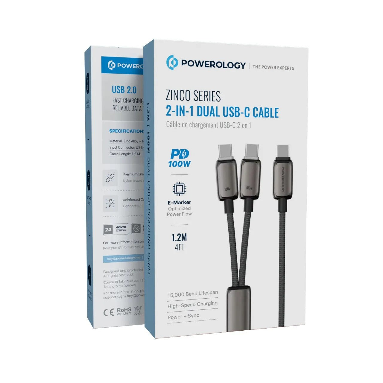 {PWDC100DGY} Powerology Zinco Series 2-In-1 Dual USB-C Cable - Dark Gray
