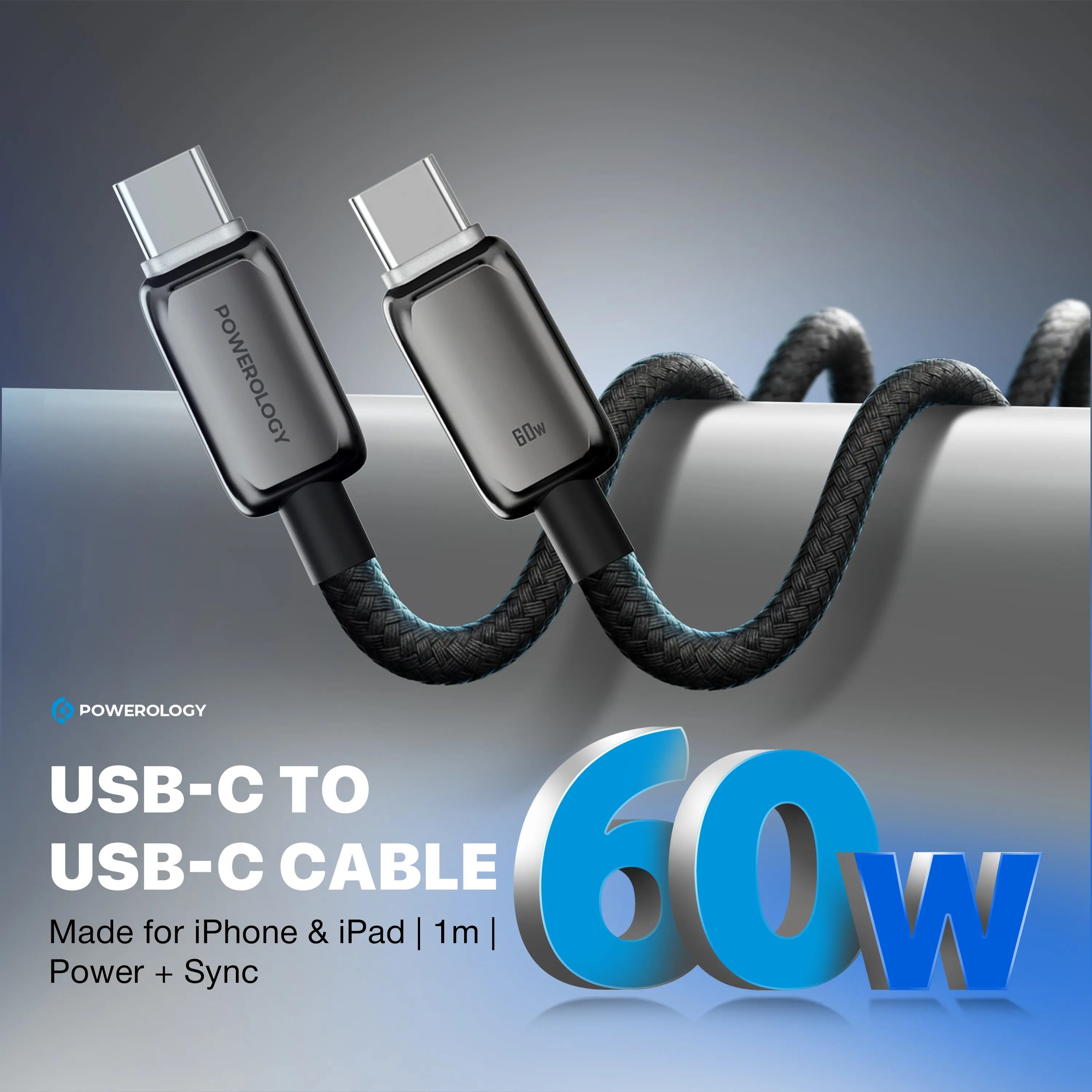 {PWDC60DGY} Powerology Zinco Series USB-C To USB-C - Dark Gray
