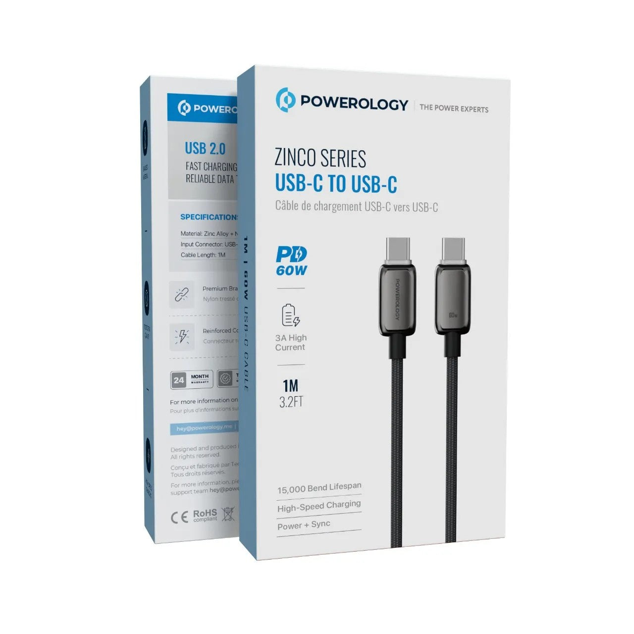 {PWDC60DGY} Powerology Zinco Series USB-C To USB-C - Dark Gray