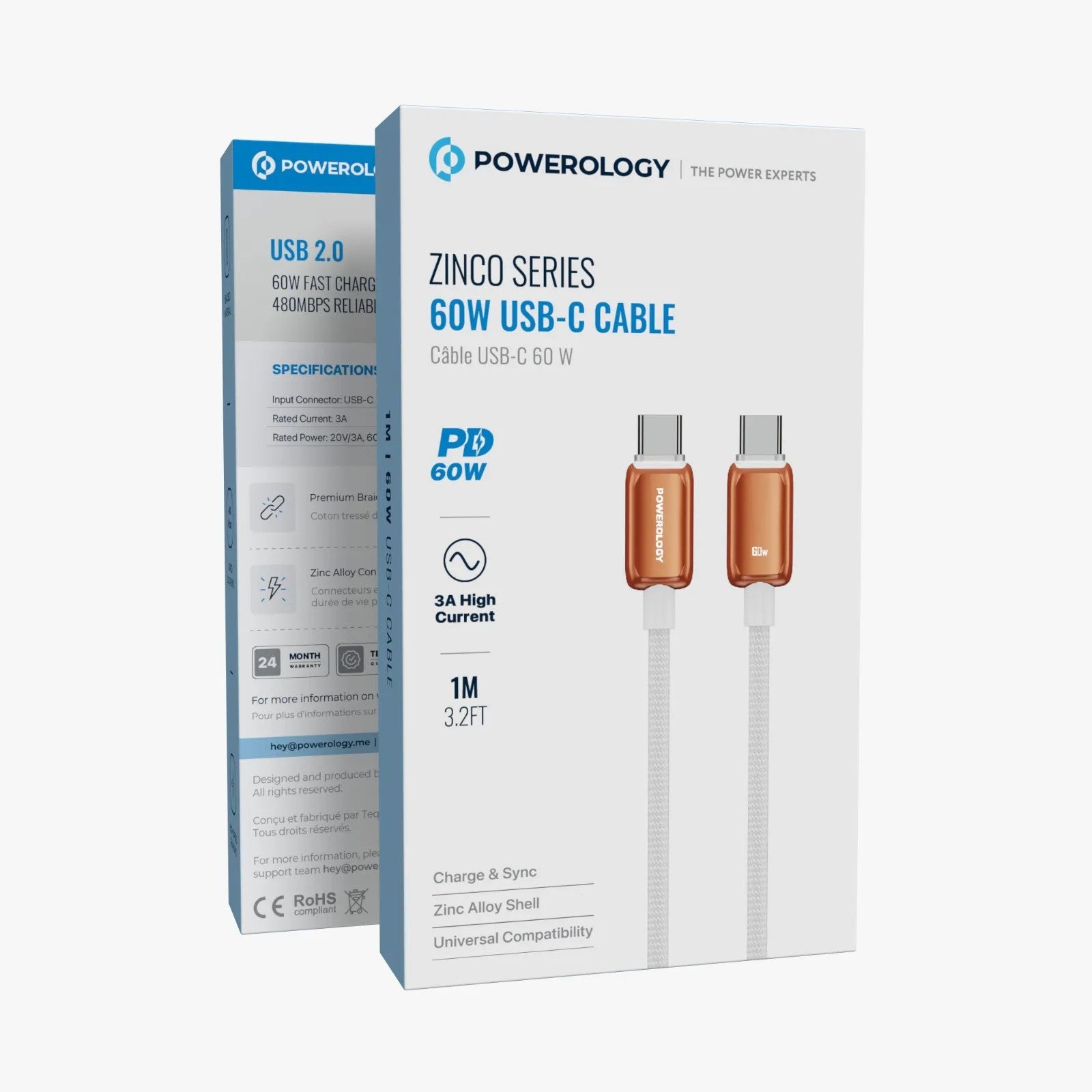 {PWDC60WHOG} Powerology "Zinco" 1M C to C 60W Charging Data Cable 3A Zinc Alloy - White + Orange