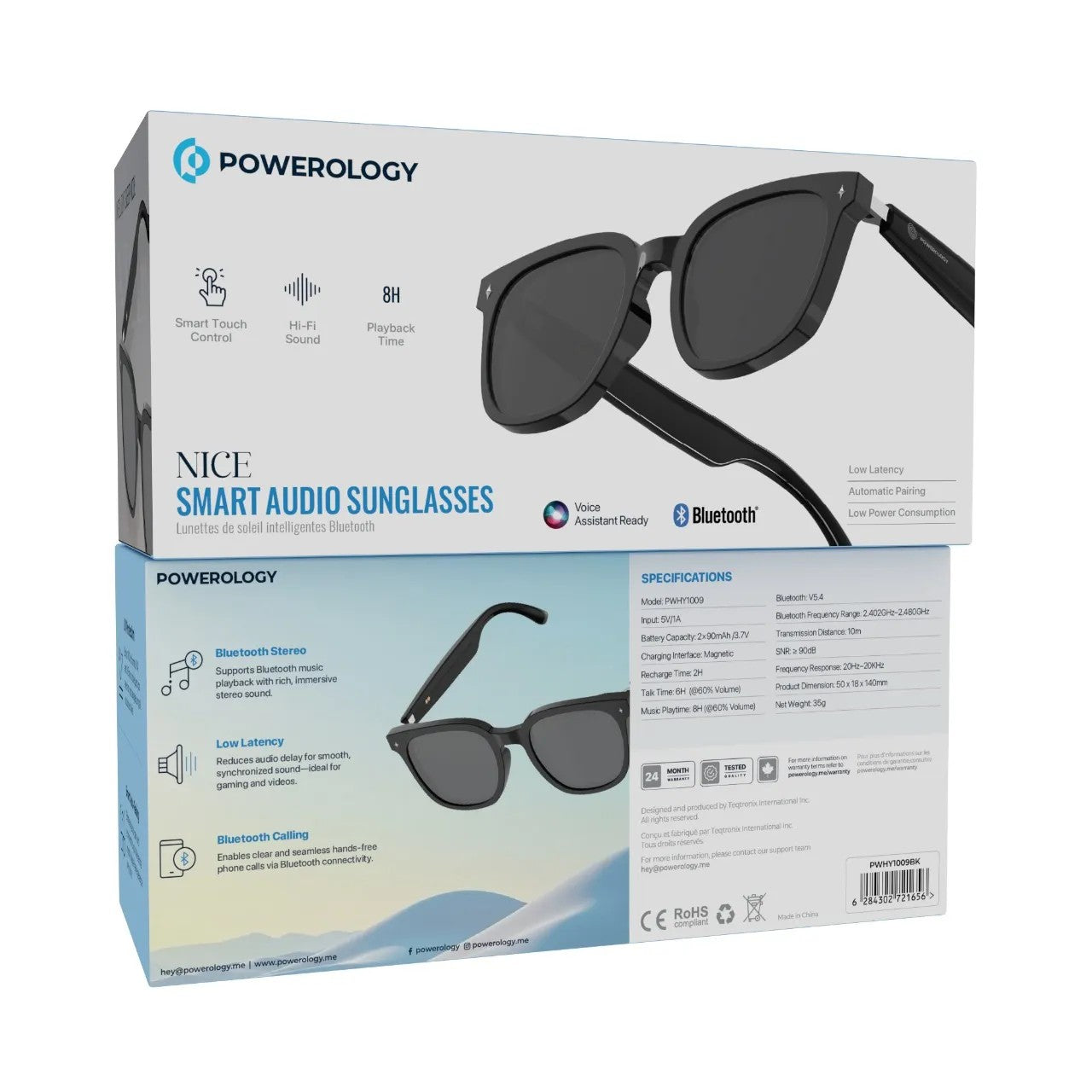 {PWHY1009BK} Powerology Lifestyle BT Sunglass with Touch Control+ Bright Black Lens - Black
