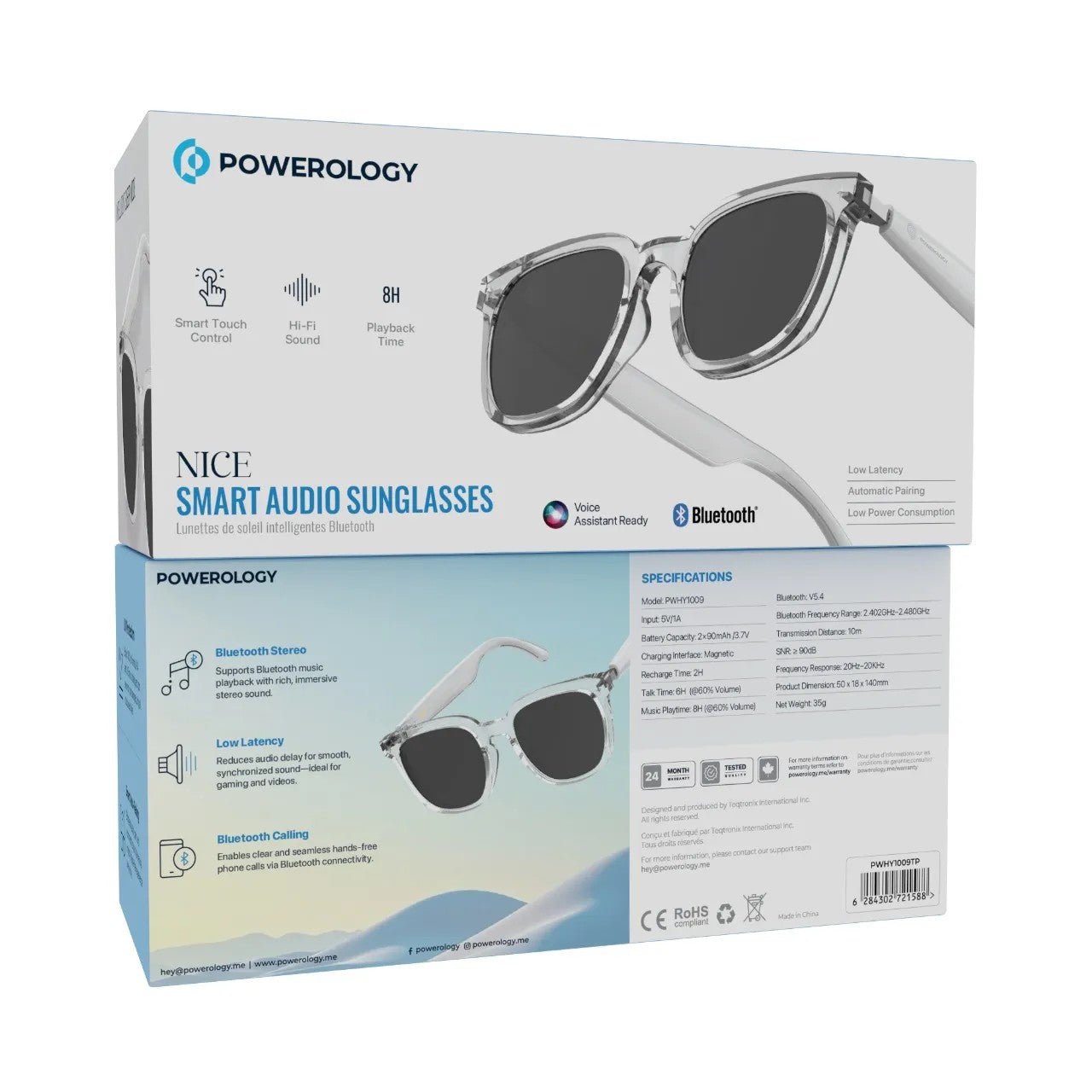 {PWHY1009TP} Powerology Lifestyle BT Sunglass with Touch Control+ Dark Glass Lens - Transparent